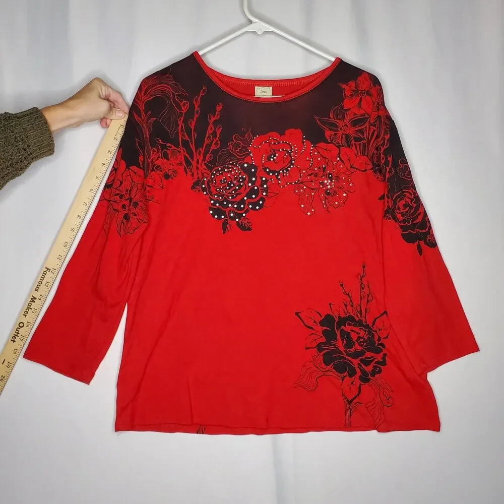 Jess & Jane T-Shirt Womens 1X Red Black Roses Cotton Sequin Y2K Witchy Goth‎